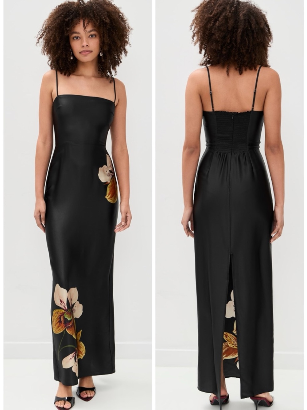 Reformation Frankie Silk Black Maxi Dress Painted Orchid Placement SZ US 10 NWT